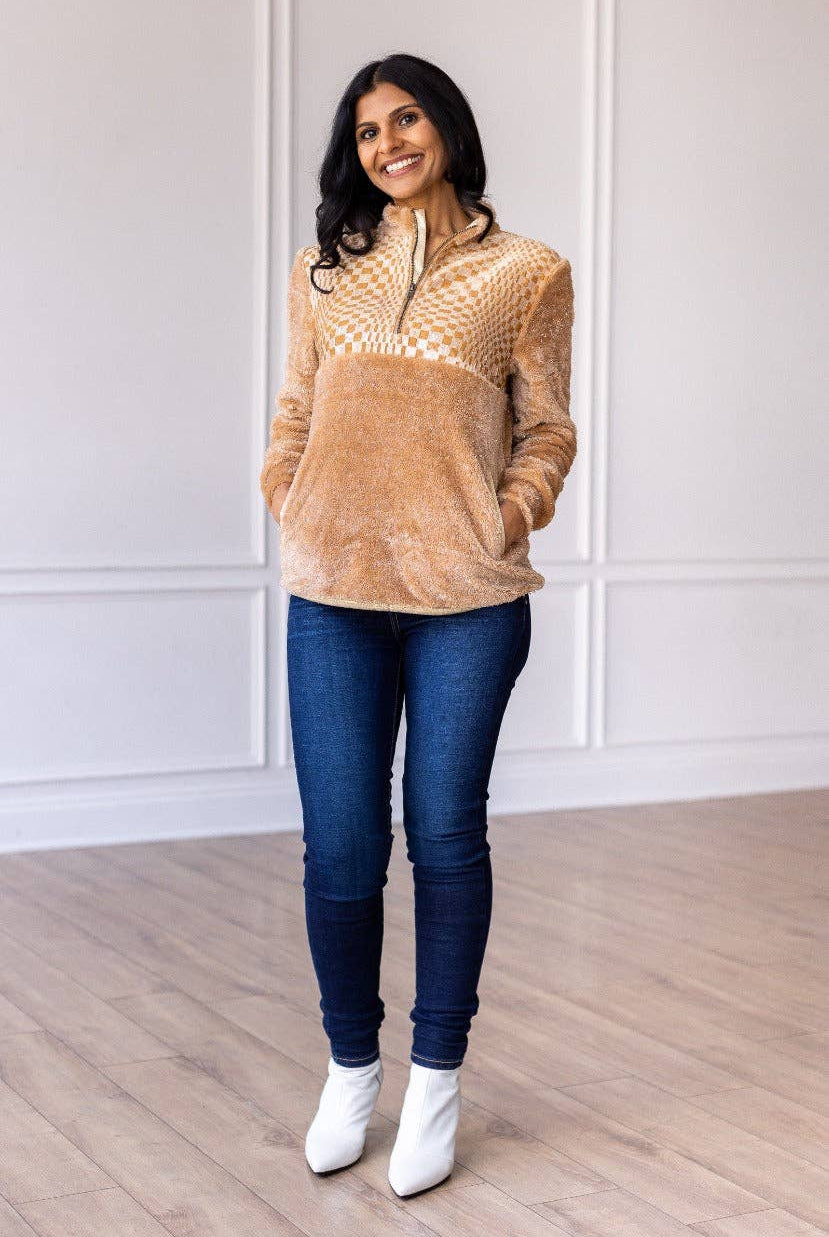 Checkered Half Zip Sherpa Pullover - Cowhide and Conchos