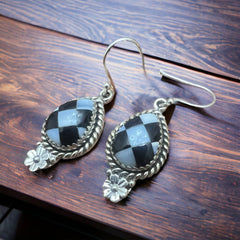 Checkered Oval and Daisy Drop Earrings - Cowhide and Conchos