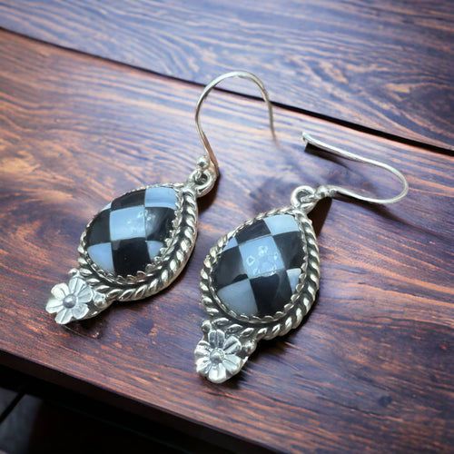 Checkered Oval and Daisy Drop Earrings - Cowhide and Conchos