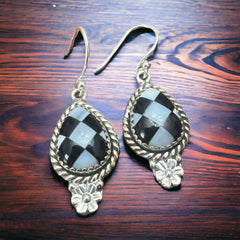 Checkered Oval and Daisy Drop Earrings - Cowhide and Conchos