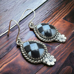 Checkered Oval and Daisy Drop Earrings - Cowhide and Conchos