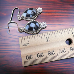 Checkered Oval and Daisy Drop Earrings - Cowhide and Conchos