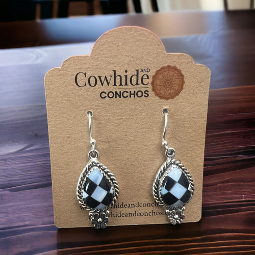 Checkered Oval and Daisy Drop Earrings - Cowhide and Conchos