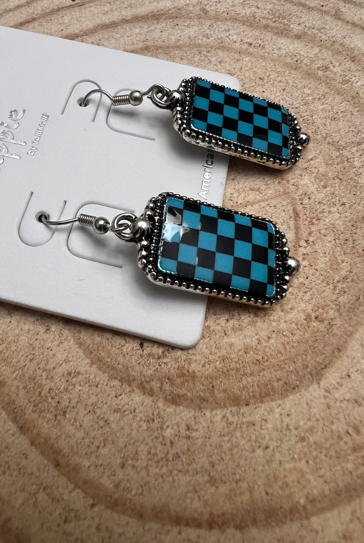 Checkered Rectangle Earrings - 1 1/2 inch drop - Cowhide and Conchos