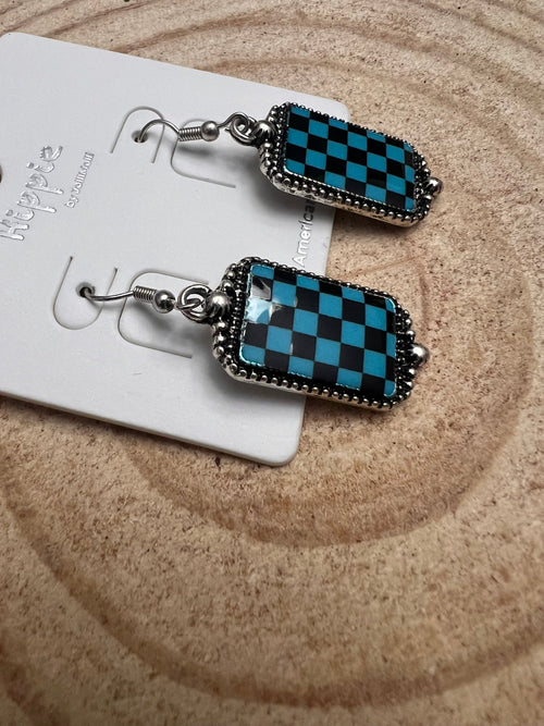 Checkered Rectangle Earrings - 1 1/2 inch drop - Cowhide and Conchos