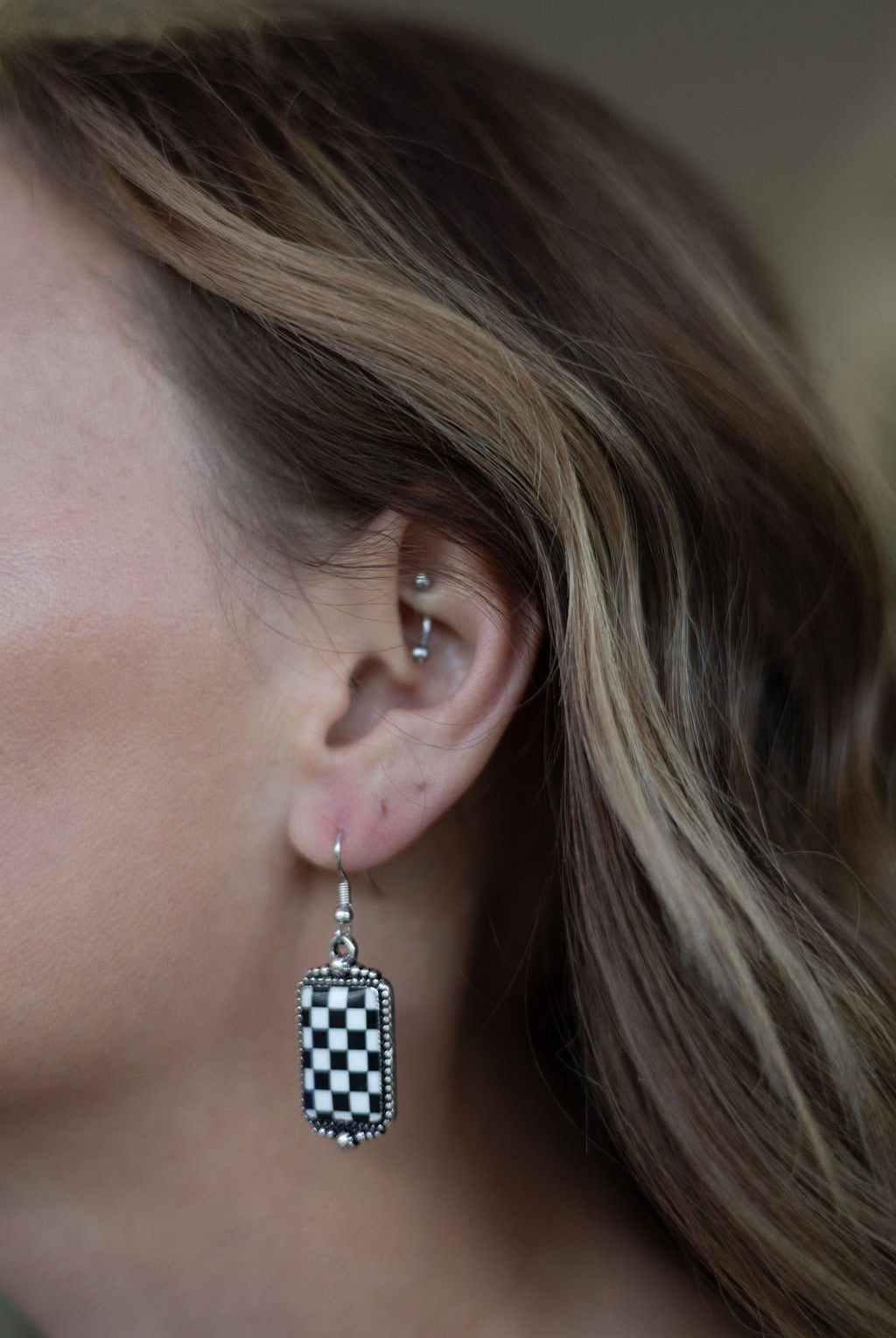 Checkered Rectangle Earrings - 1 1/2 inch drop - Cowhide and Conchos
