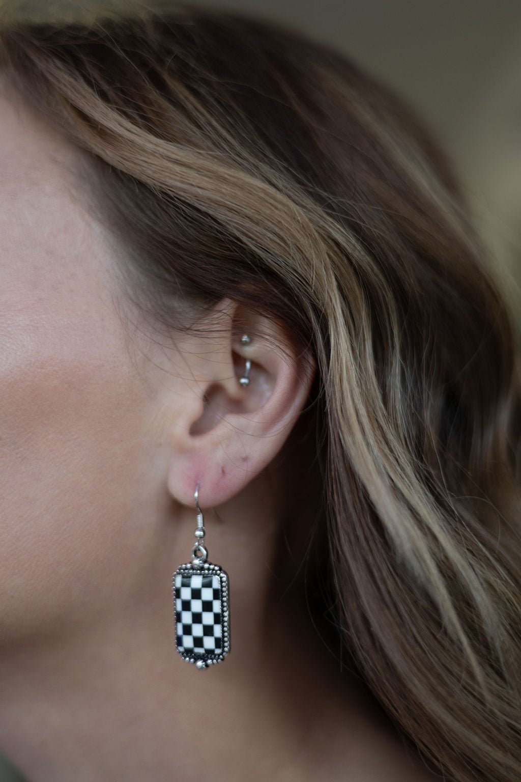 Checkered Rectangle Earrings - 1 1/2 inch drop - Cowhide and Conchos