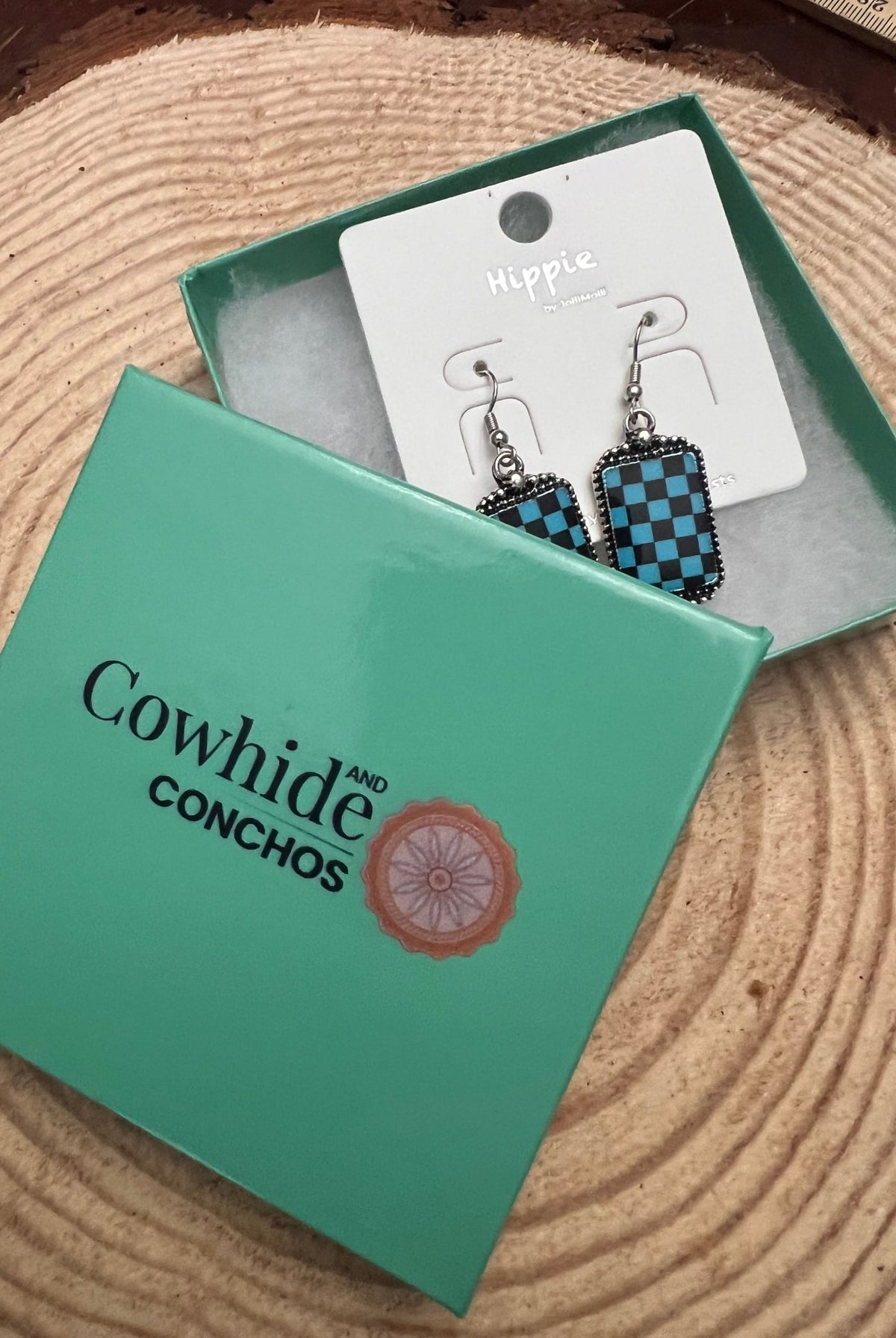 Checkered Rectangle Earrings - 1 1/2 inch drop - Cowhide and Conchos