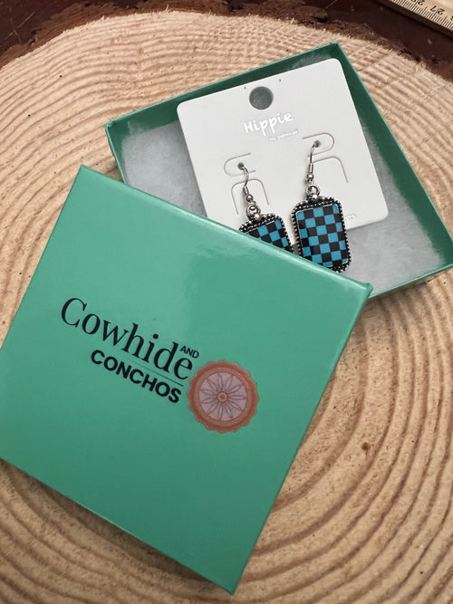 Checkered Rectangle Earrings - 1 1/2 inch drop - Cowhide and Conchos