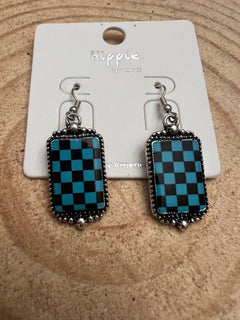 Checkered Rectangle Earrings - 1 1/2 inch drop - Cowhide and Conchos