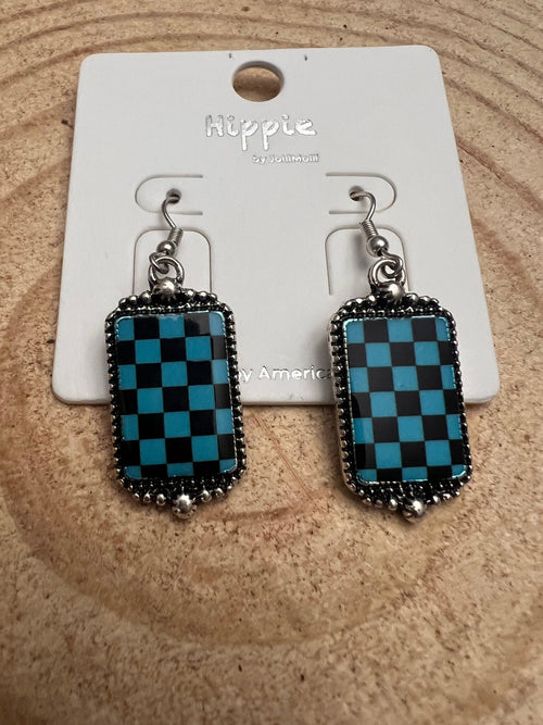 Checkered Rectangle Earrings - 1 1/2 inch drop - Cowhide and Conchos