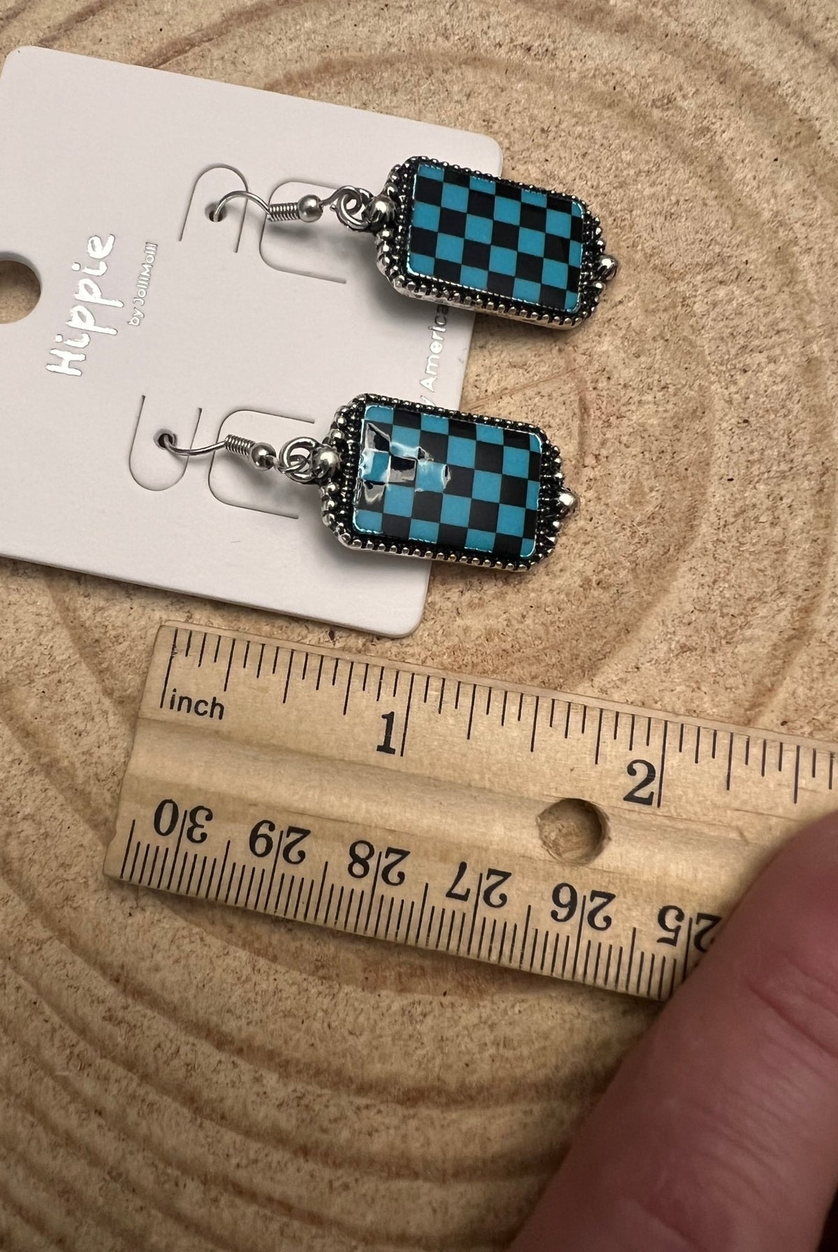 Checkered Rectangle Earrings - 1 1/2 inch drop - Cowhide and Conchos