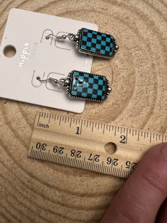Checkered Rectangle Earrings - 1 1/2 inch drop - Cowhide and Conchos