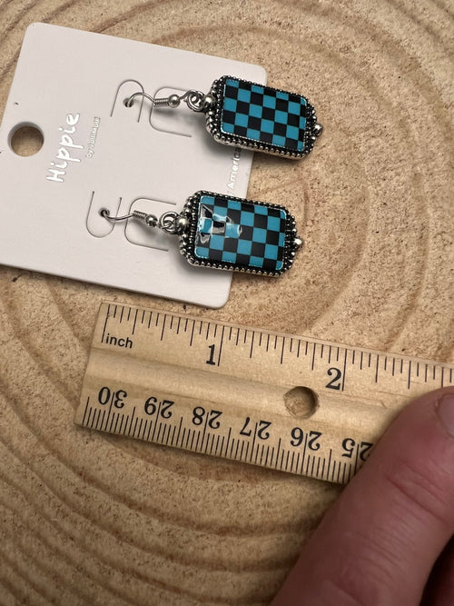 Checkered Rectangle Earrings - 1 1/2 inch drop - Cowhide and Conchos