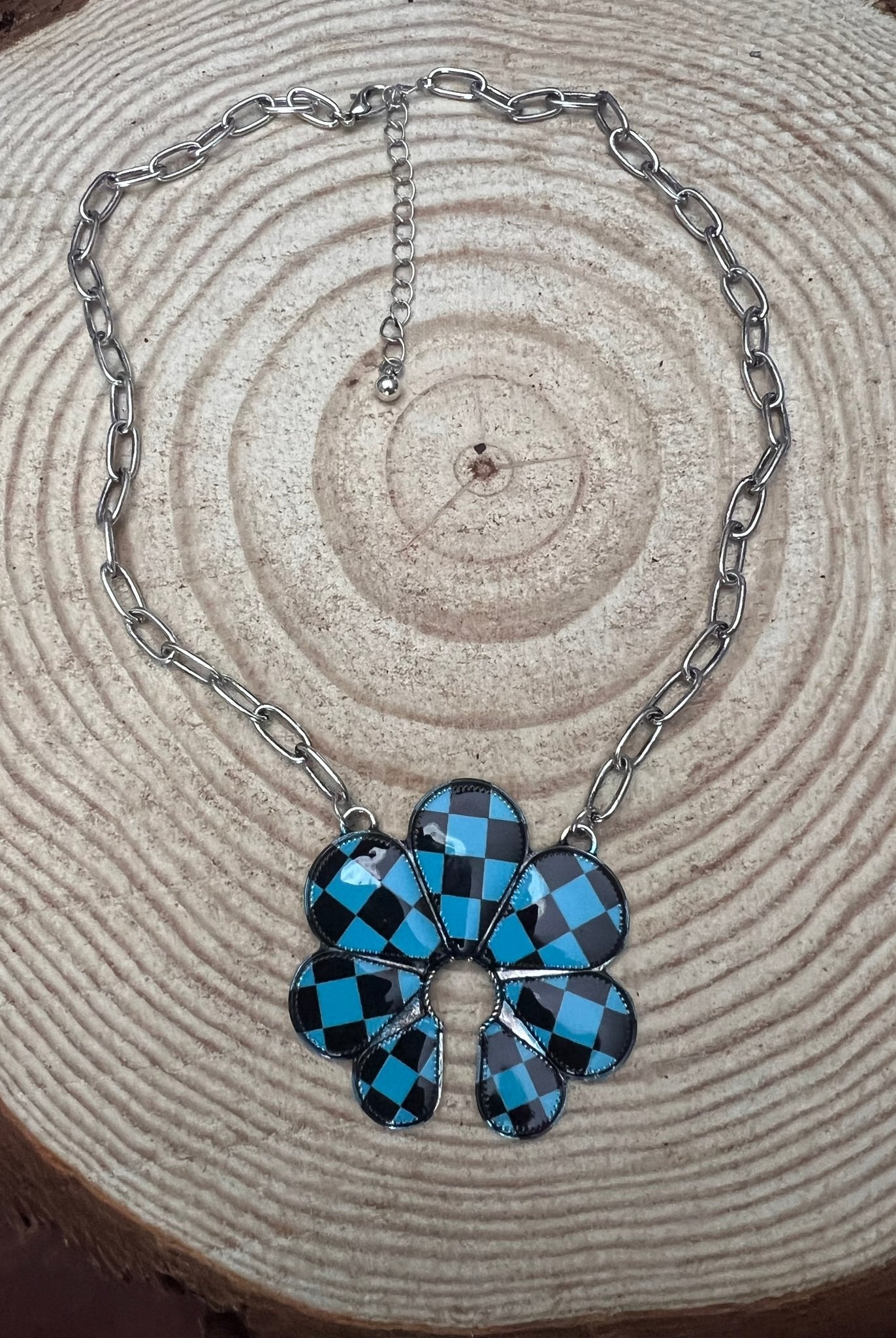 Checkered Squash Blossom Necklace - 18 inch - Cowhide and Conchos