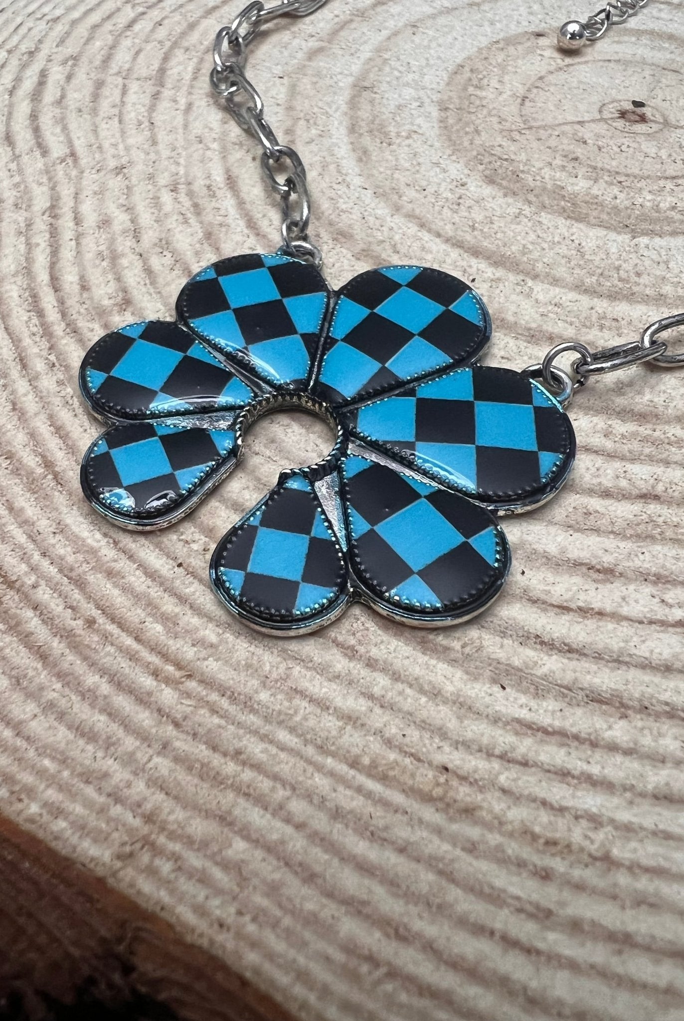Checkered Squash Blossom Necklace - 18 inch - Cowhide and Conchos