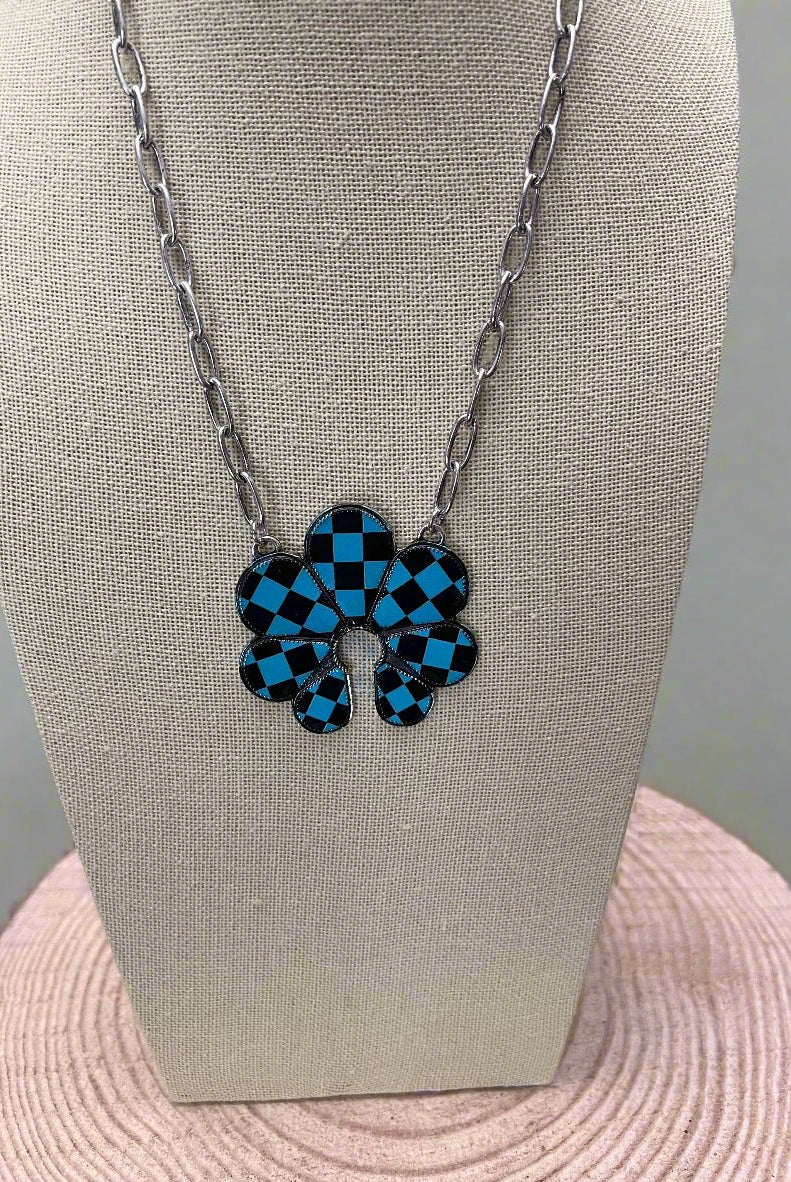 Checkered Squash Blossom Necklace - 18 inch - Cowhide and Conchos