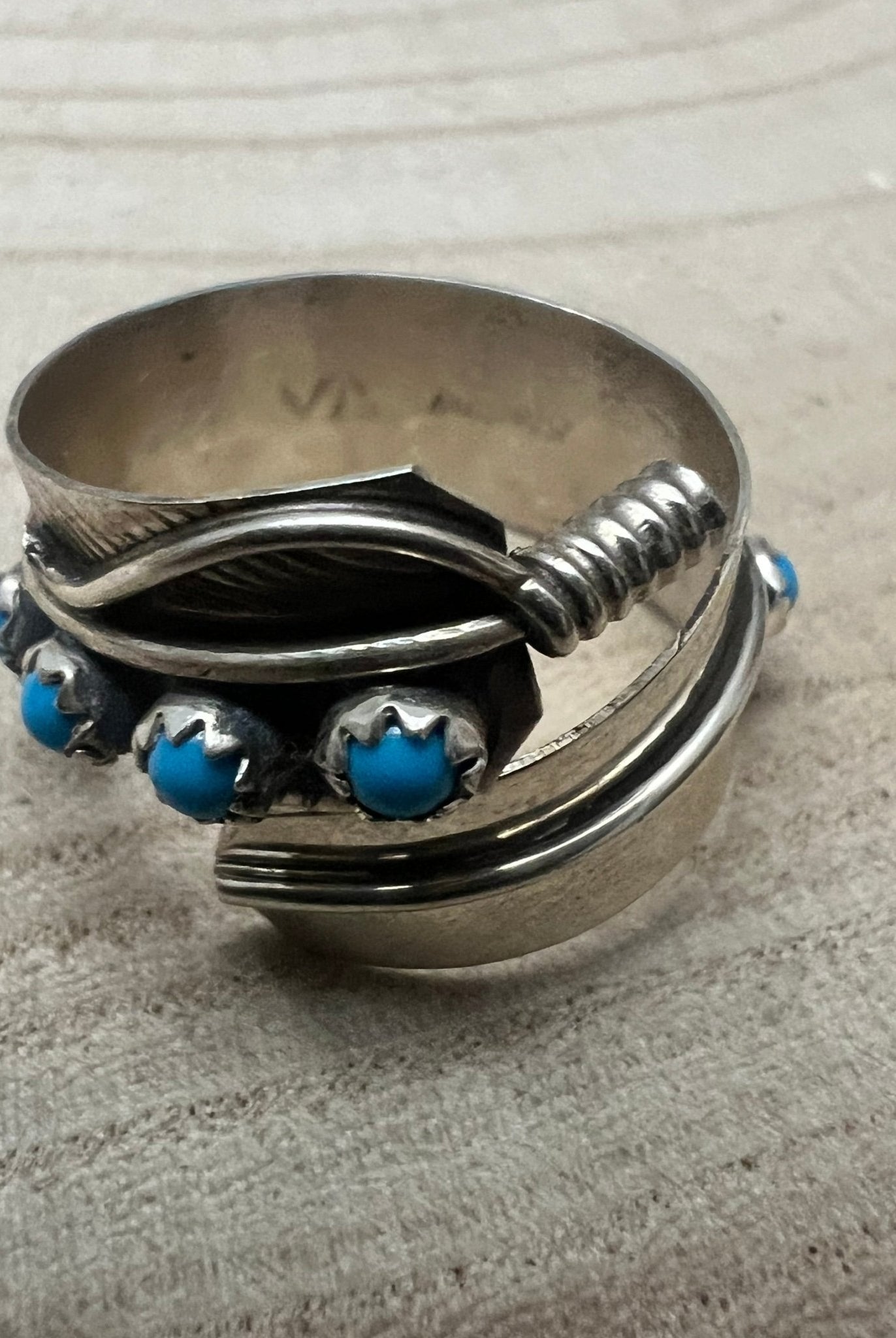 Chester Charley Navajo Handmade Kingman Turquoise Feather Adjustable Ring - Cowhide and Conchos