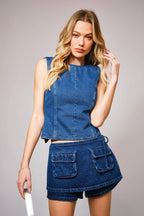 Claire Open Back Denim Top - Cowhide and Conchos