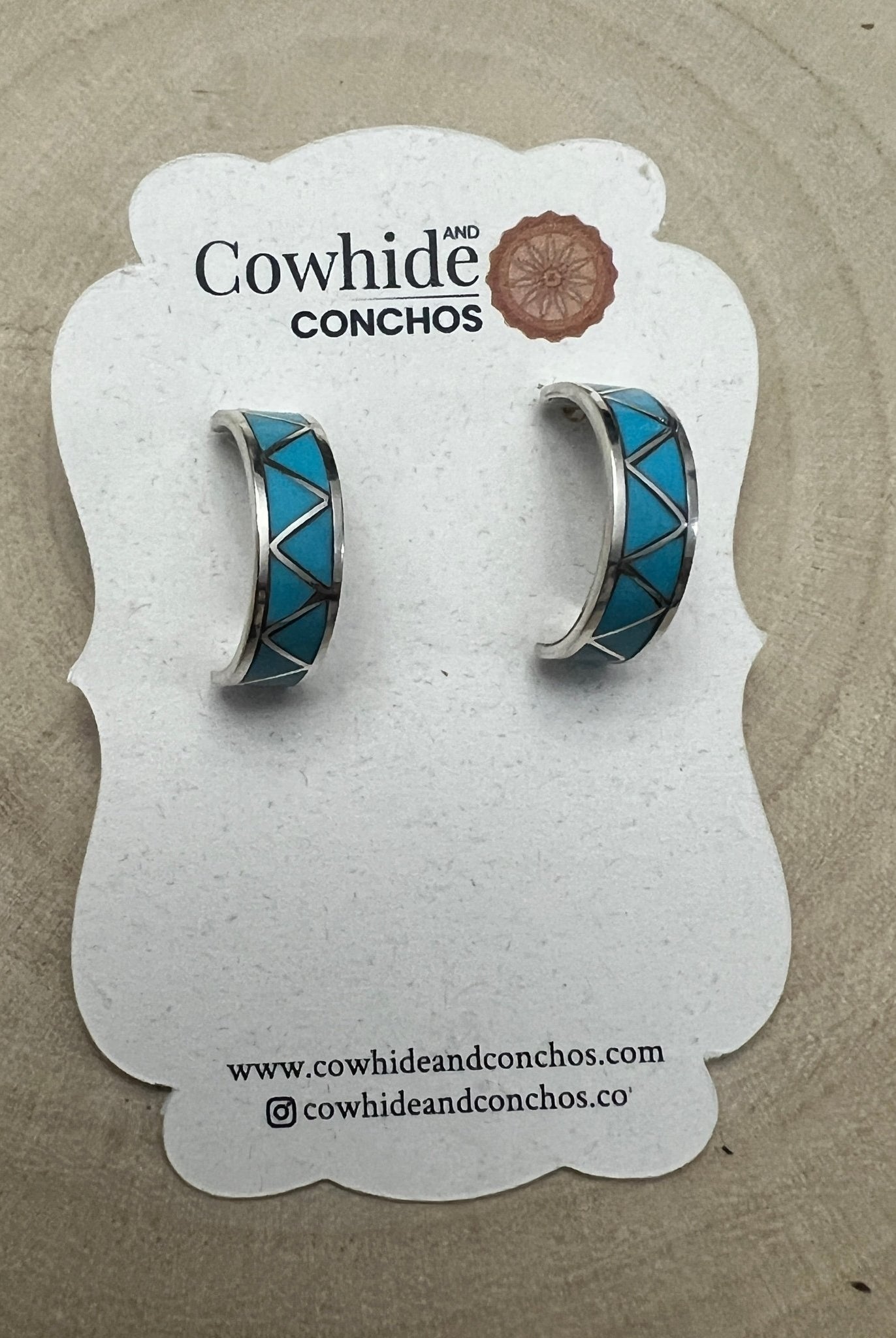 Claudine Haloo Zuni Inlay Turquoise & Sterling Silver Hoop Earrings - Cowhide and Conchos