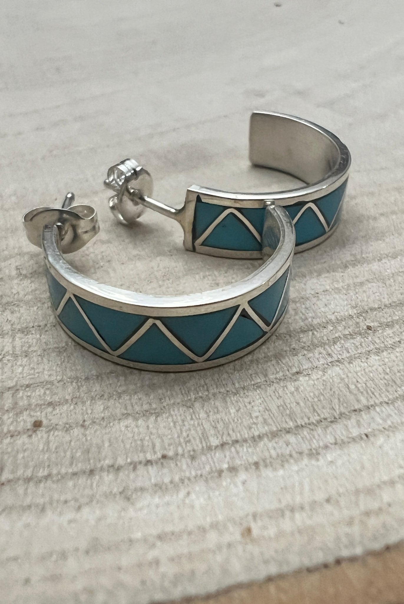 Claudine Haloo Zuni Inlay Turquoise & Sterling Silver Hoop Earrings - Cowhide and Conchos