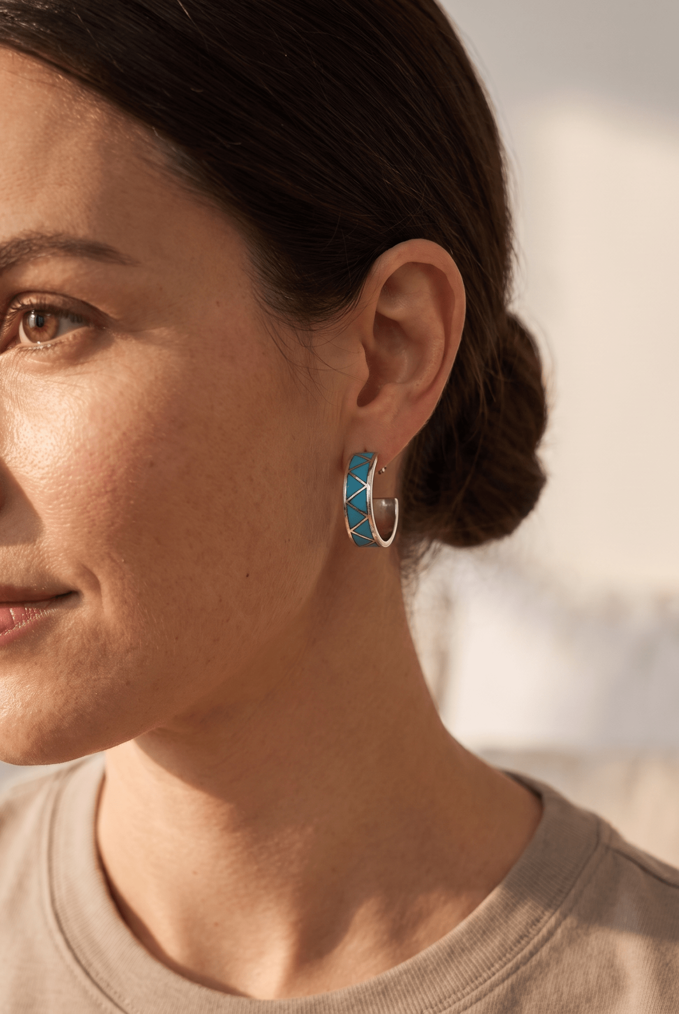 Claudine Haloo Zuni Inlay Turquoise & Sterling Silver Hoop Earrings - Cowhide and Conchos