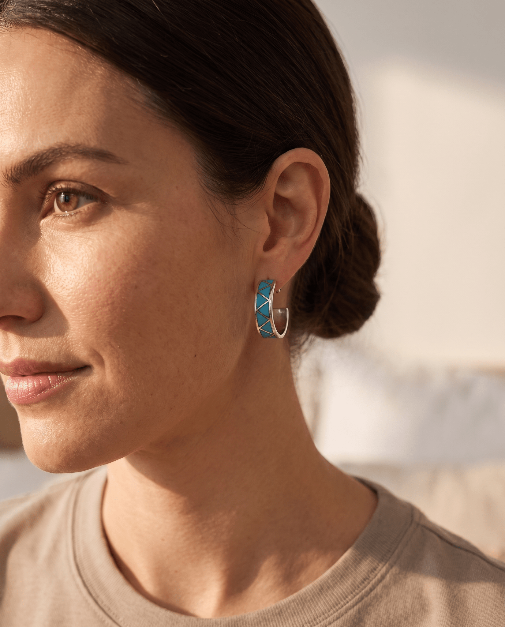 Claudine Haloo Zuni Inlay Turquoise & Sterling Silver Hoop Earrings - Cowhide and Conchos