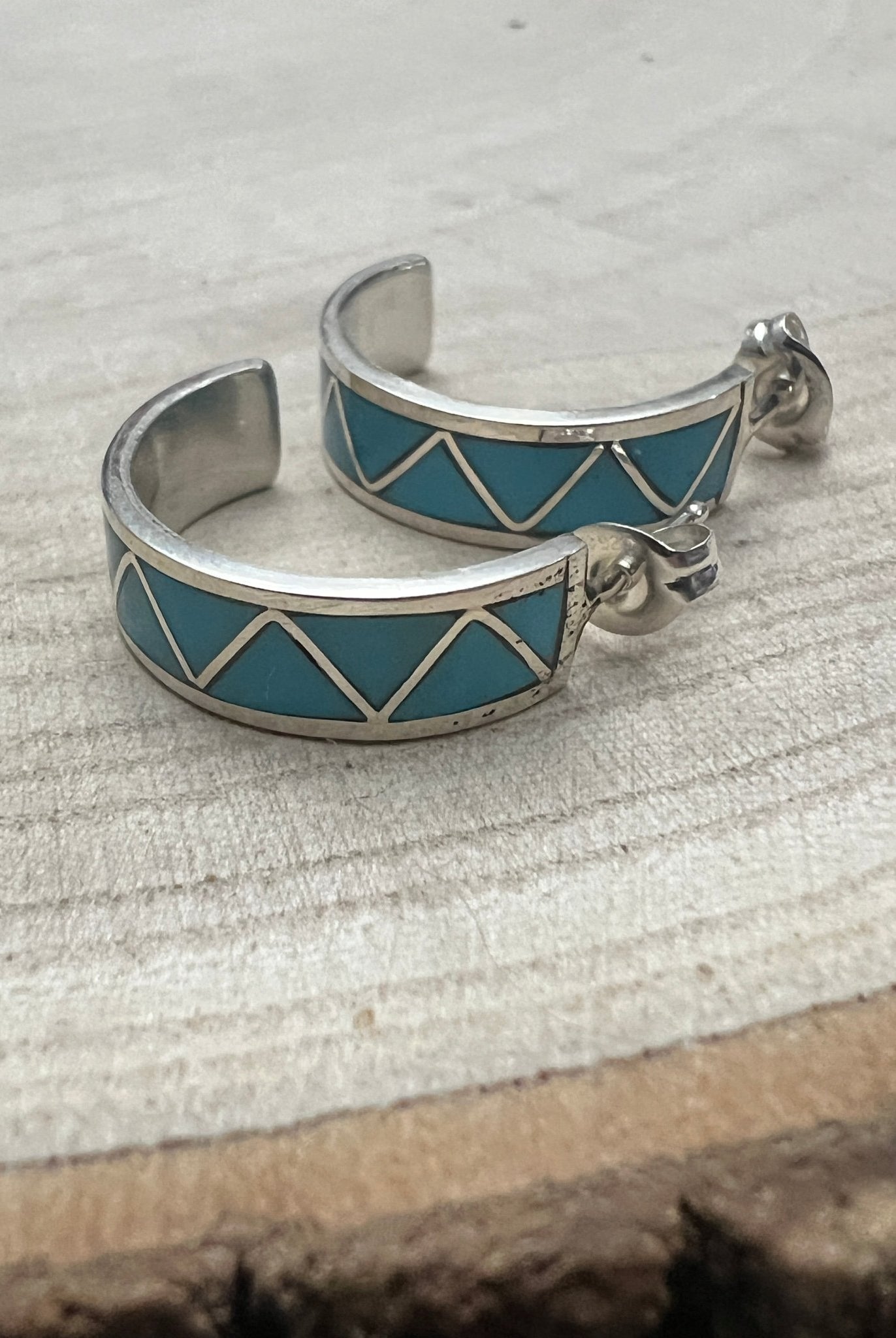 Claudine Haloo Zuni Inlay Turquoise & Sterling Silver Hoop Earrings - Cowhide and Conchos