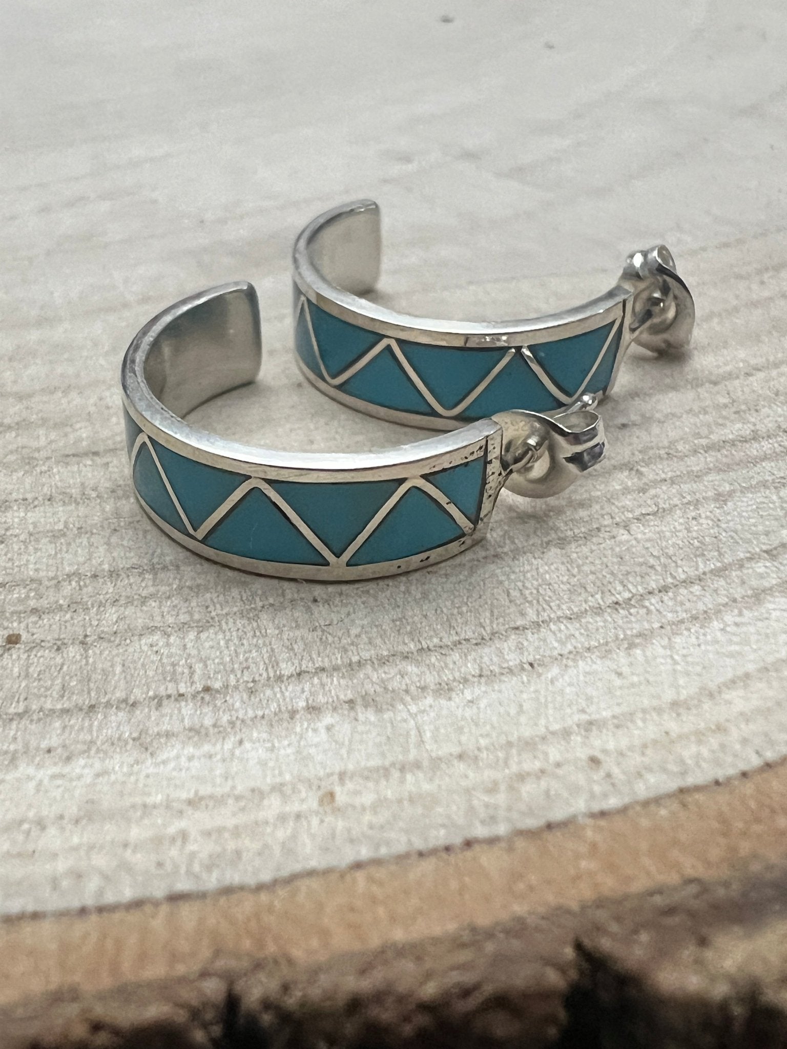 Claudine Haloo Zuni Inlay Turquoise & Sterling Silver Hoop Earrings - Cowhide and Conchos
