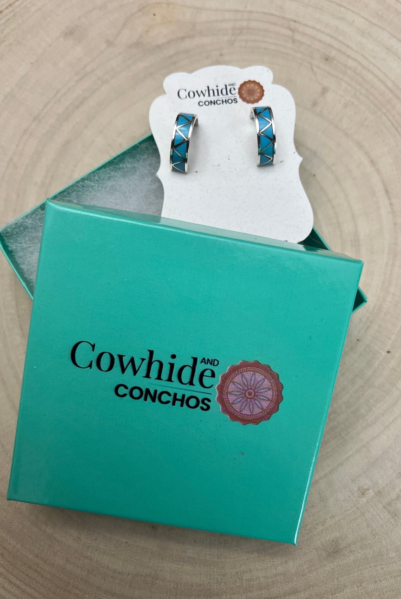 Claudine Haloo Zuni Inlay Turquoise & Sterling Silver Hoop Earrings - Cowhide and Conchos