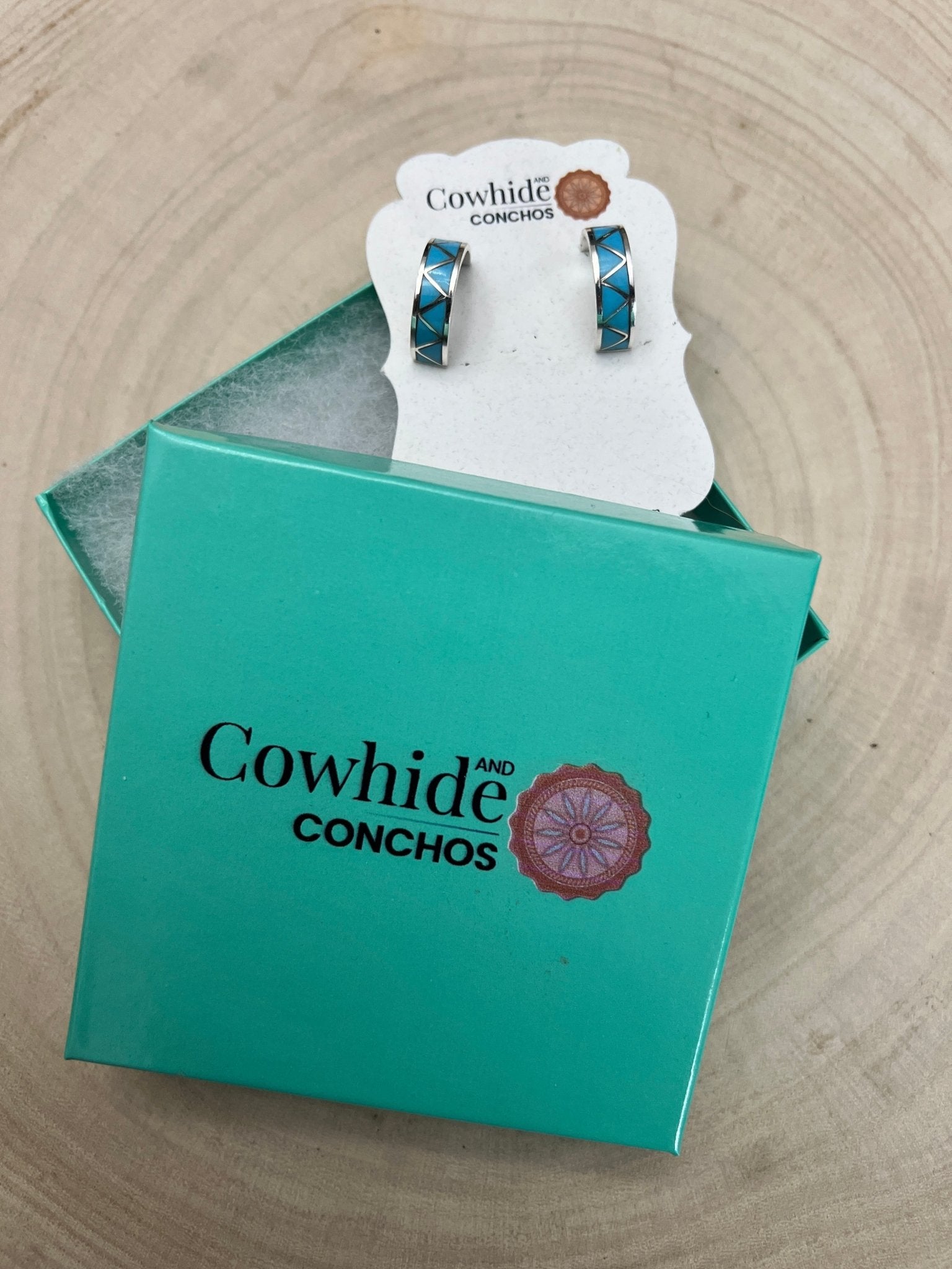 Claudine Haloo Zuni Inlay Turquoise & Sterling Silver Hoop Earrings - Cowhide and Conchos