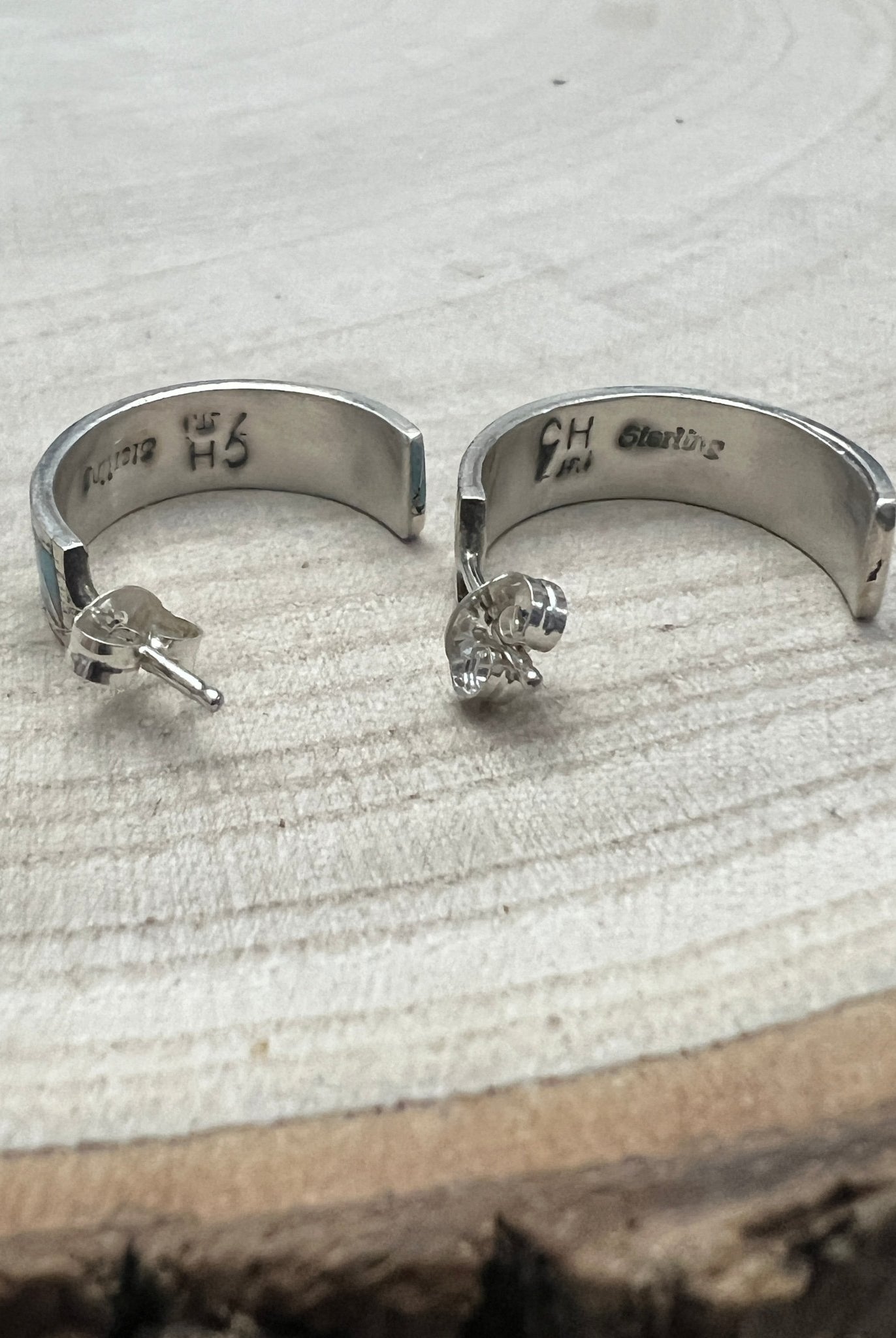 Claudine Haloo Zuni Inlay Turquoise & Sterling Silver Hoop Earrings - Cowhide and Conchos