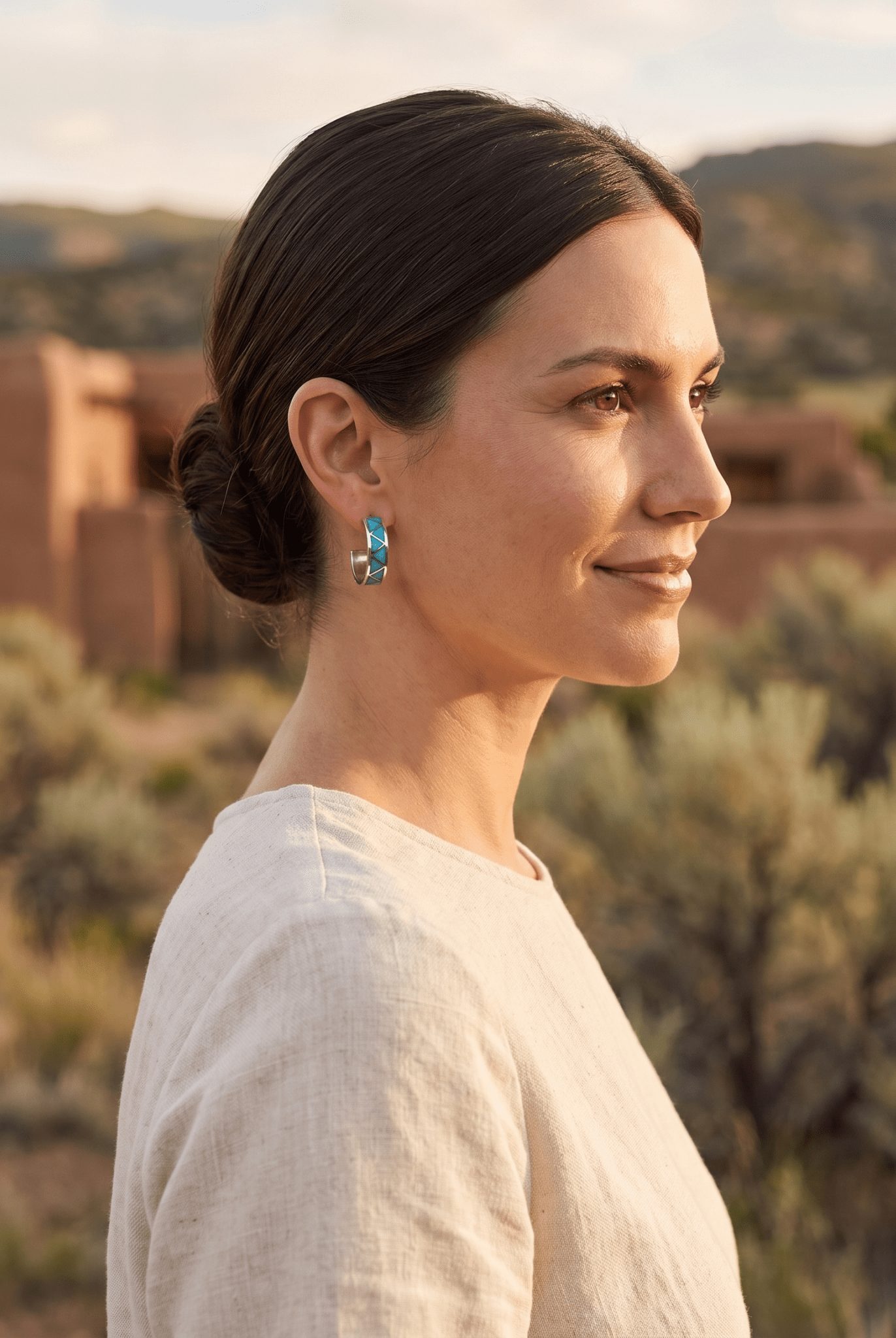 Claudine Haloo Zuni Inlay Turquoise & Sterling Silver Hoop Earrings - Cowhide and Conchos