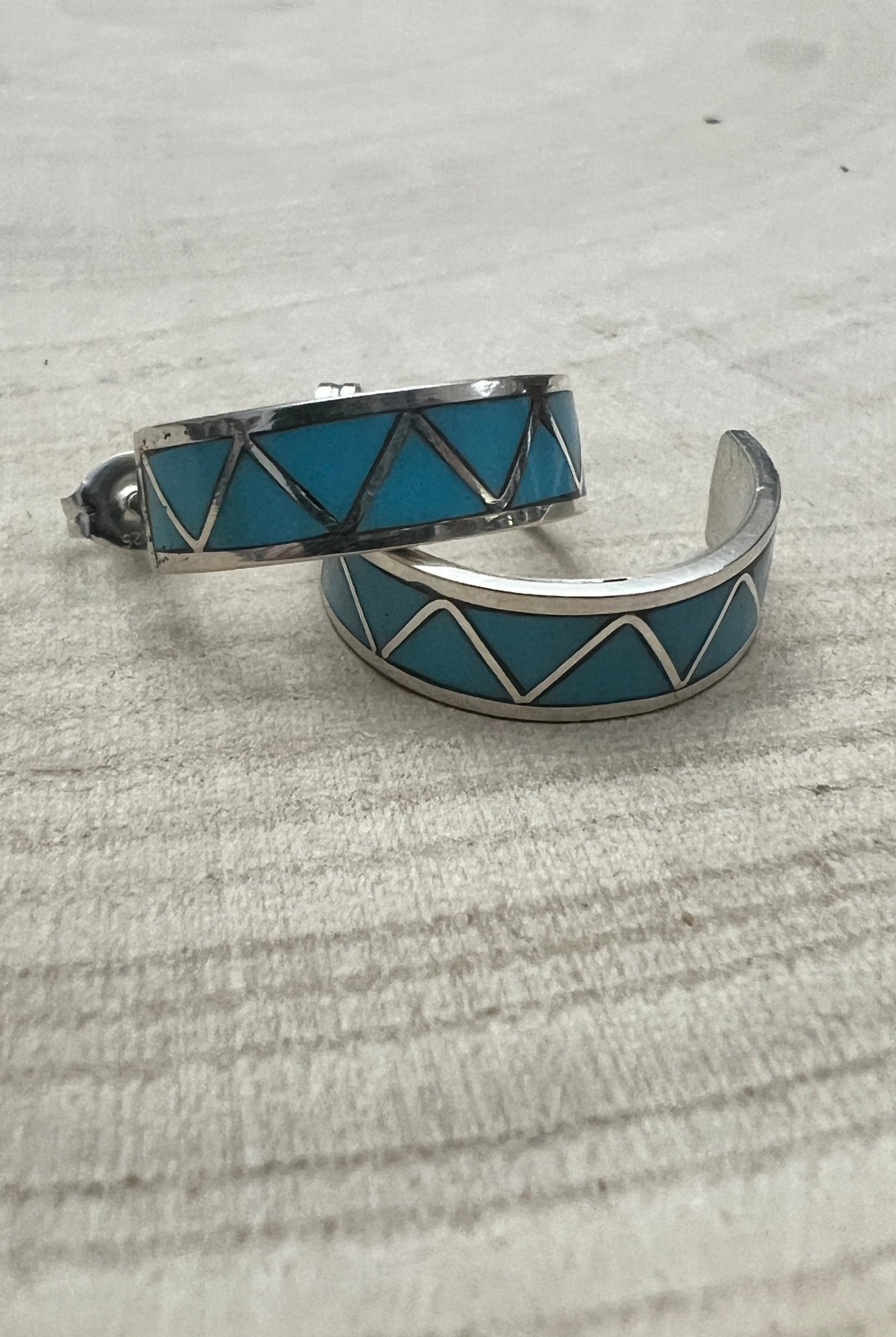 Claudine Haloo Zuni Inlay Turquoise & Sterling Silver Hoop Earrings - Cowhide and Conchos