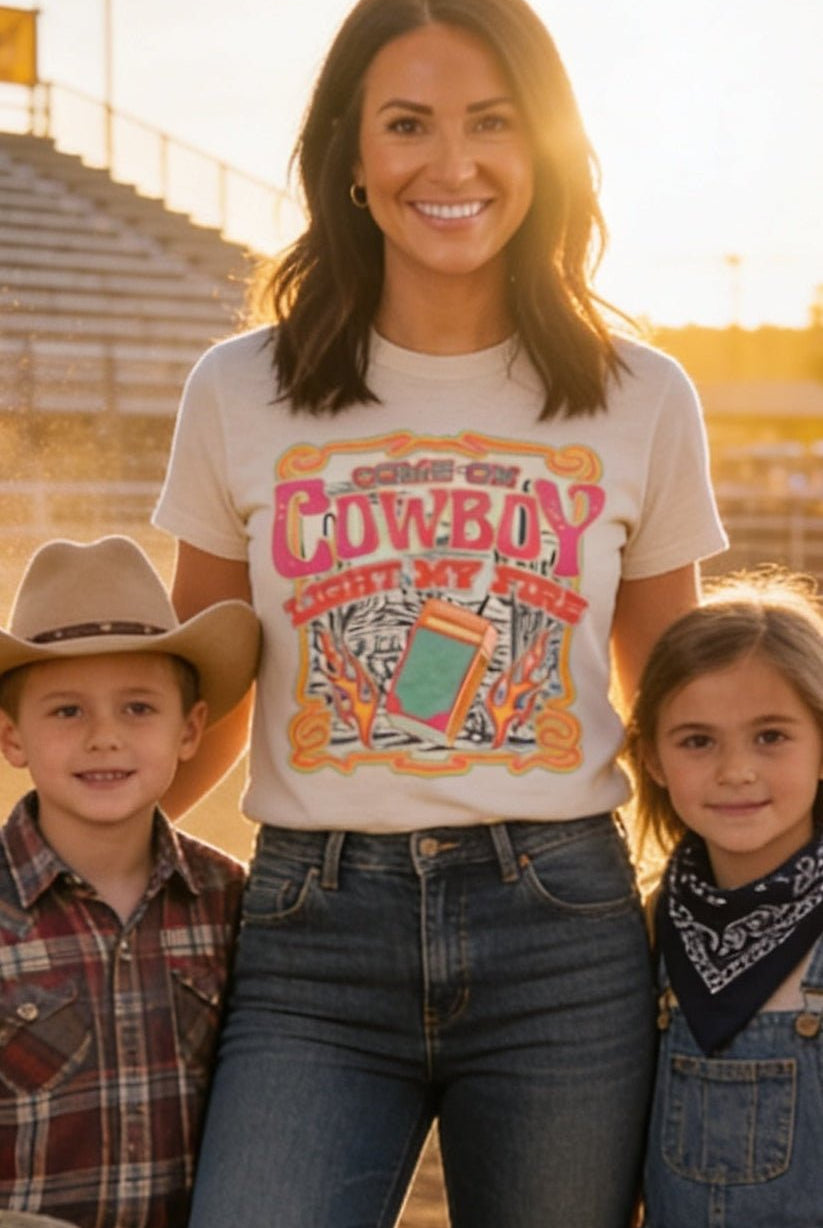 "Come on Cowboy, Light My Fire" Retro Western Graphic T-Shirt – Vintage Cowboy Core Tee - Cowhide and Conchos