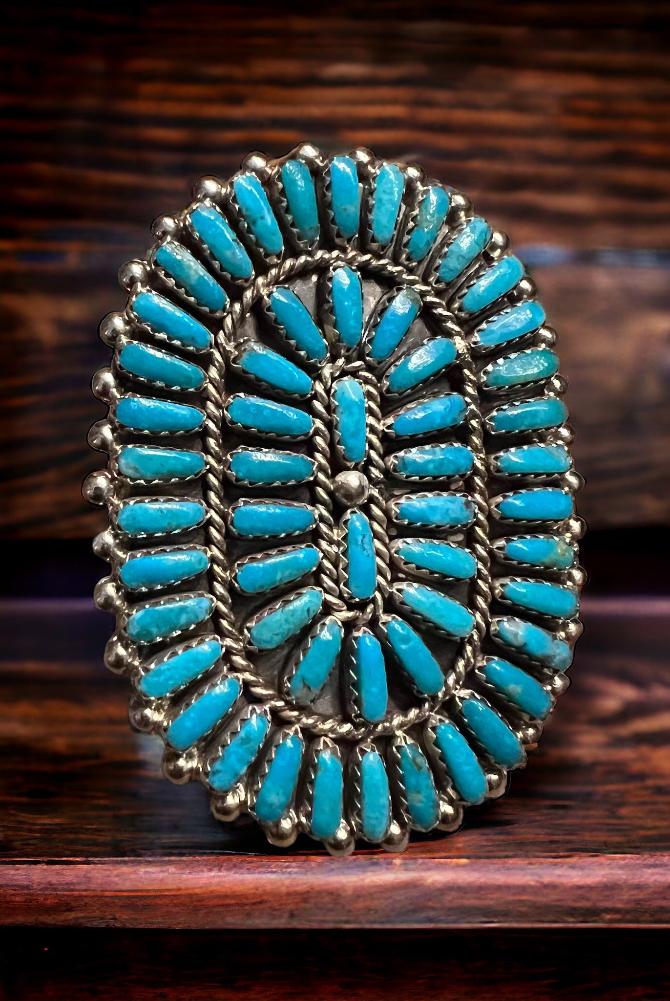 Commanding Turquoise & Sterling Cluster Ring by Philena Byjoe - Size 8 - Cowhide and Conchos