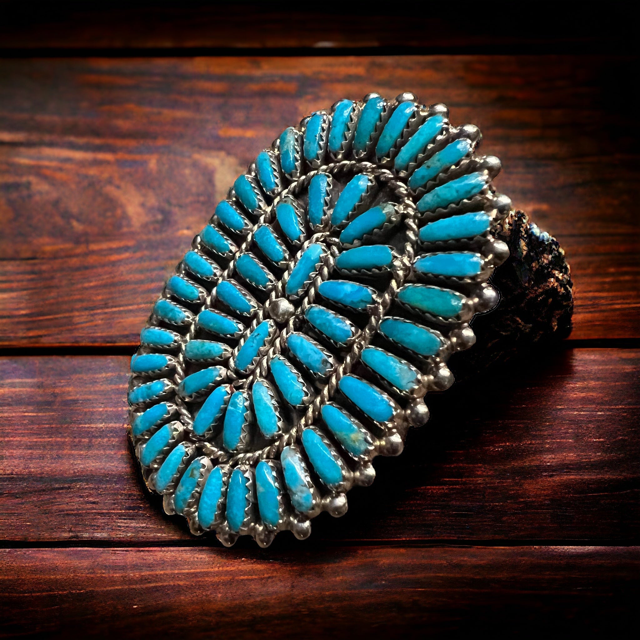 Commanding Turquoise & Sterling Cluster Ring by Philena Byjoe - Size 8 - Cowhide and Conchos