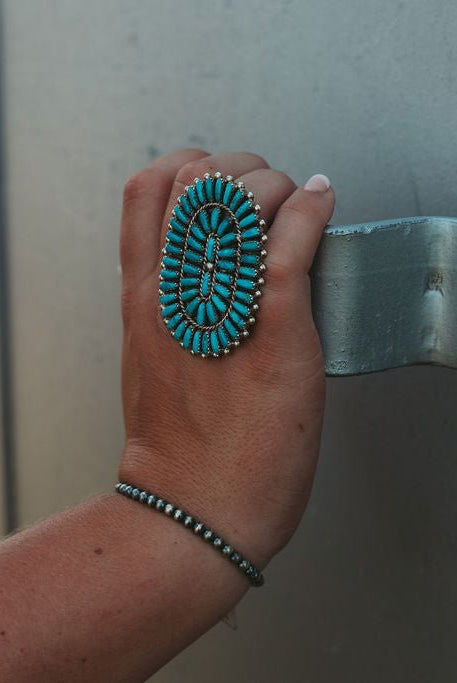 Commanding Turquoise & Sterling Cluster Ring by Philena Byjoe - Size 8 - Cowhide and Conchos