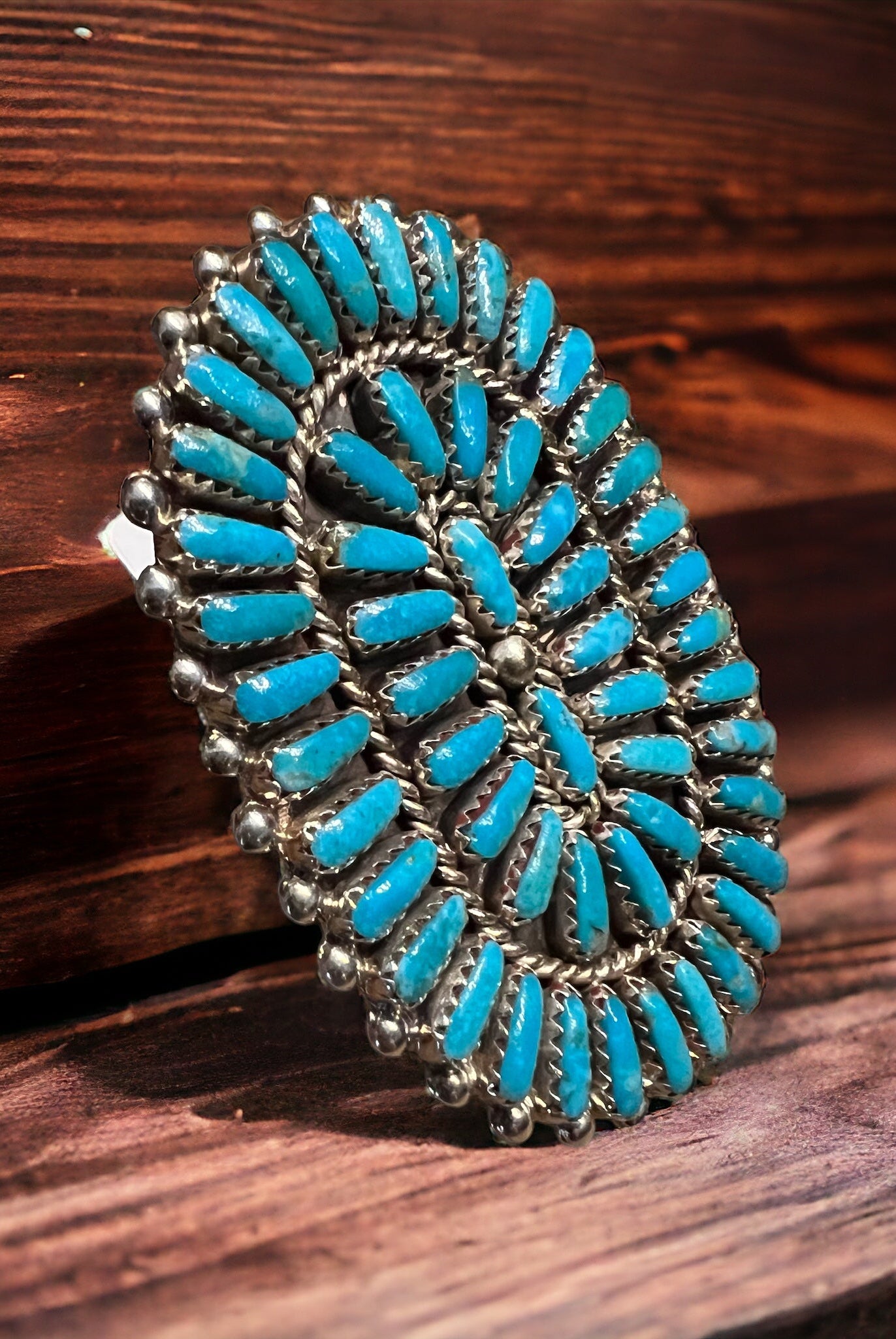 Commanding Turquoise & Sterling Cluster Ring by Philena Byjoe - Size 8 - Cowhide and Conchos