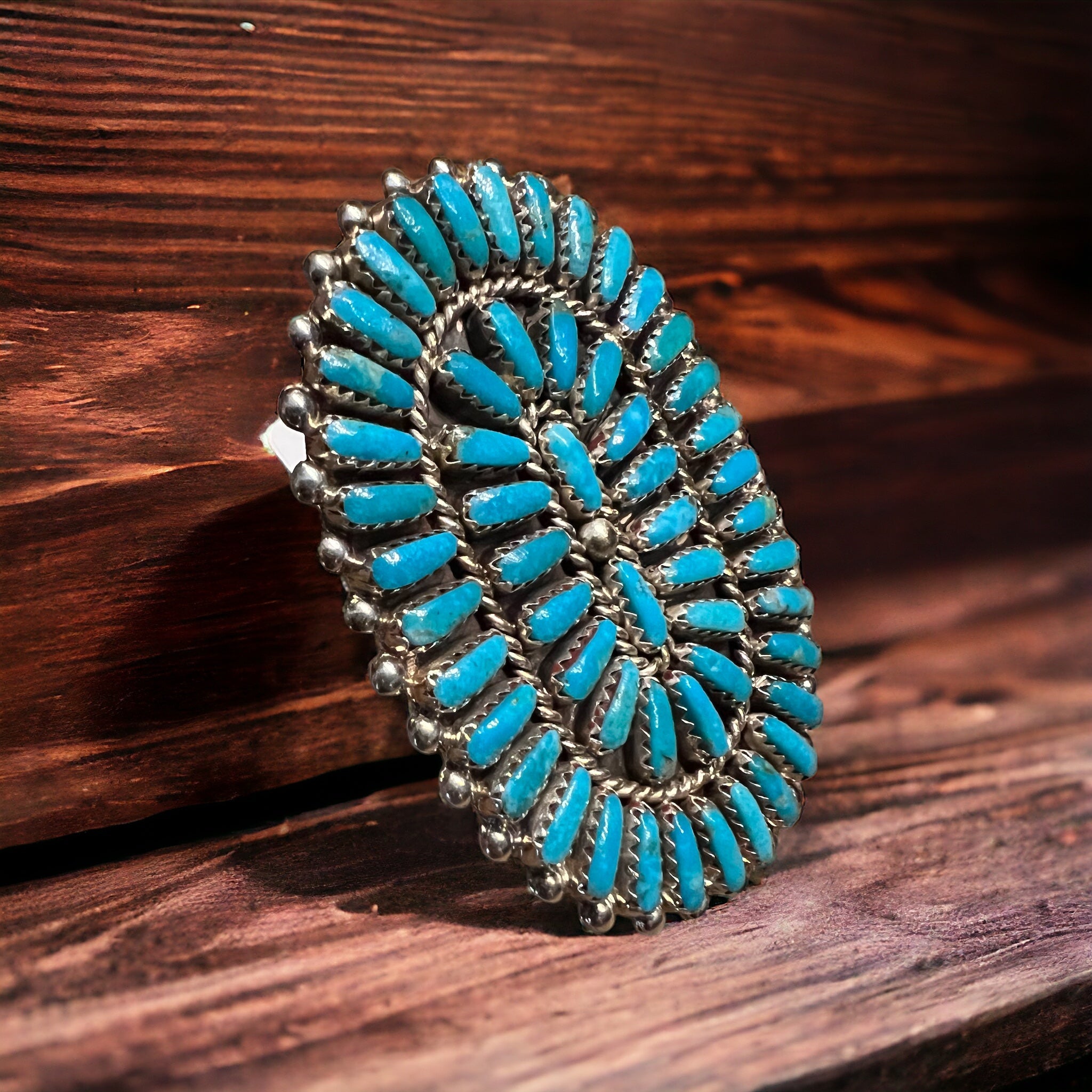 Commanding Turquoise & Sterling Cluster Ring by Philena Byjoe - Size 8 - Cowhide and Conchos