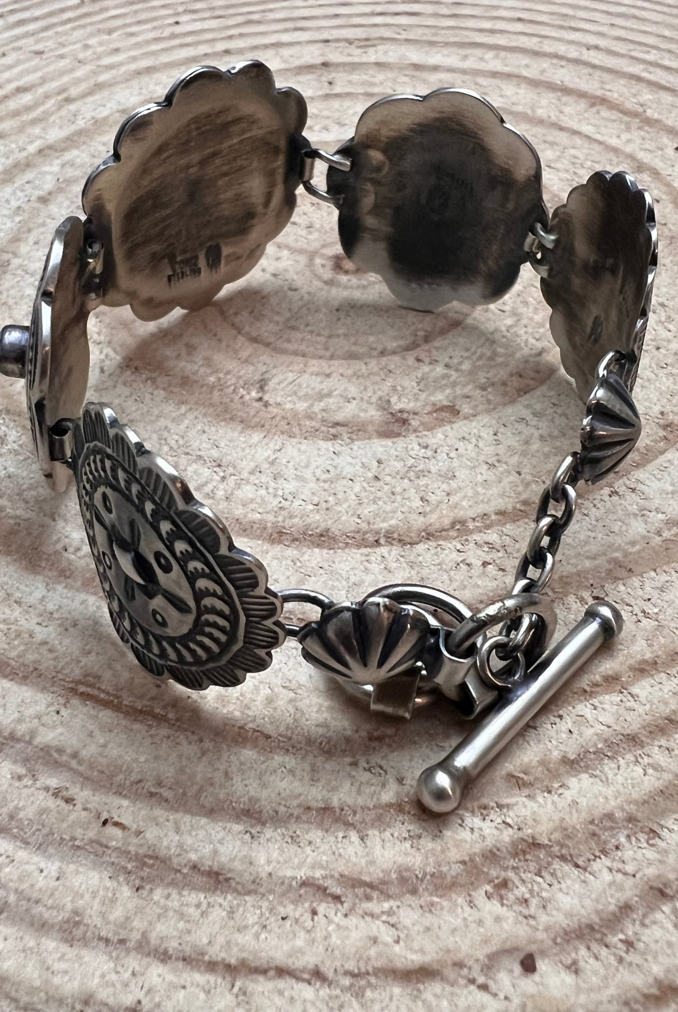 Concho Link Bracelet with Sleeping Beauty Turquoise by Victor Coriz - Cowhide and Conchos