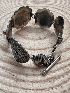 Concho Link Bracelet with Sleeping Beauty Turquoise by Victor Coriz - Cowhide and Conchos