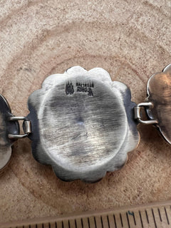 Concho Link Bracelet with Sleeping Beauty Turquoise by Victor Coriz - Cowhide and Conchos