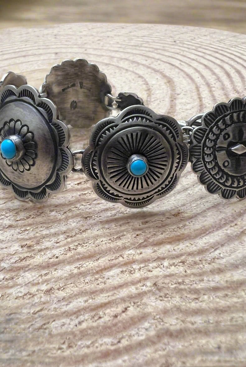 Concho Link Bracelet with Sleeping Beauty Turquoise by Victor Coriz - Cowhide and Conchos