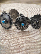 Concho Link Bracelet with Sleeping Beauty Turquoise by Victor Coriz - Cowhide and Conchos