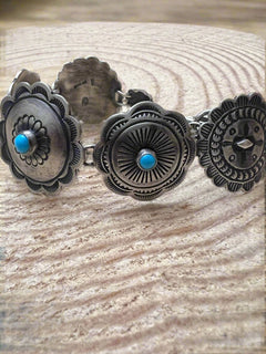 Concho Link Bracelet with Sleeping Beauty Turquoise by Victor Coriz - Cowhide and Conchos