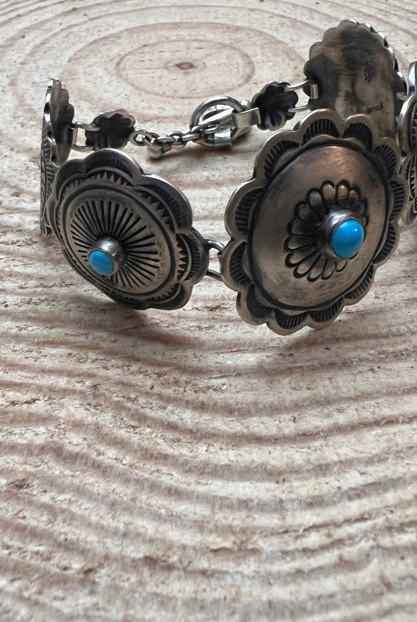 Concho Link Bracelet with Sleeping Beauty Turquoise by Victor Coriz - Cowhide and Conchos