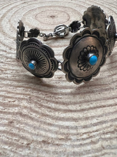 Concho Link Bracelet with Sleeping Beauty Turquoise by Victor Coriz - Cowhide and Conchos