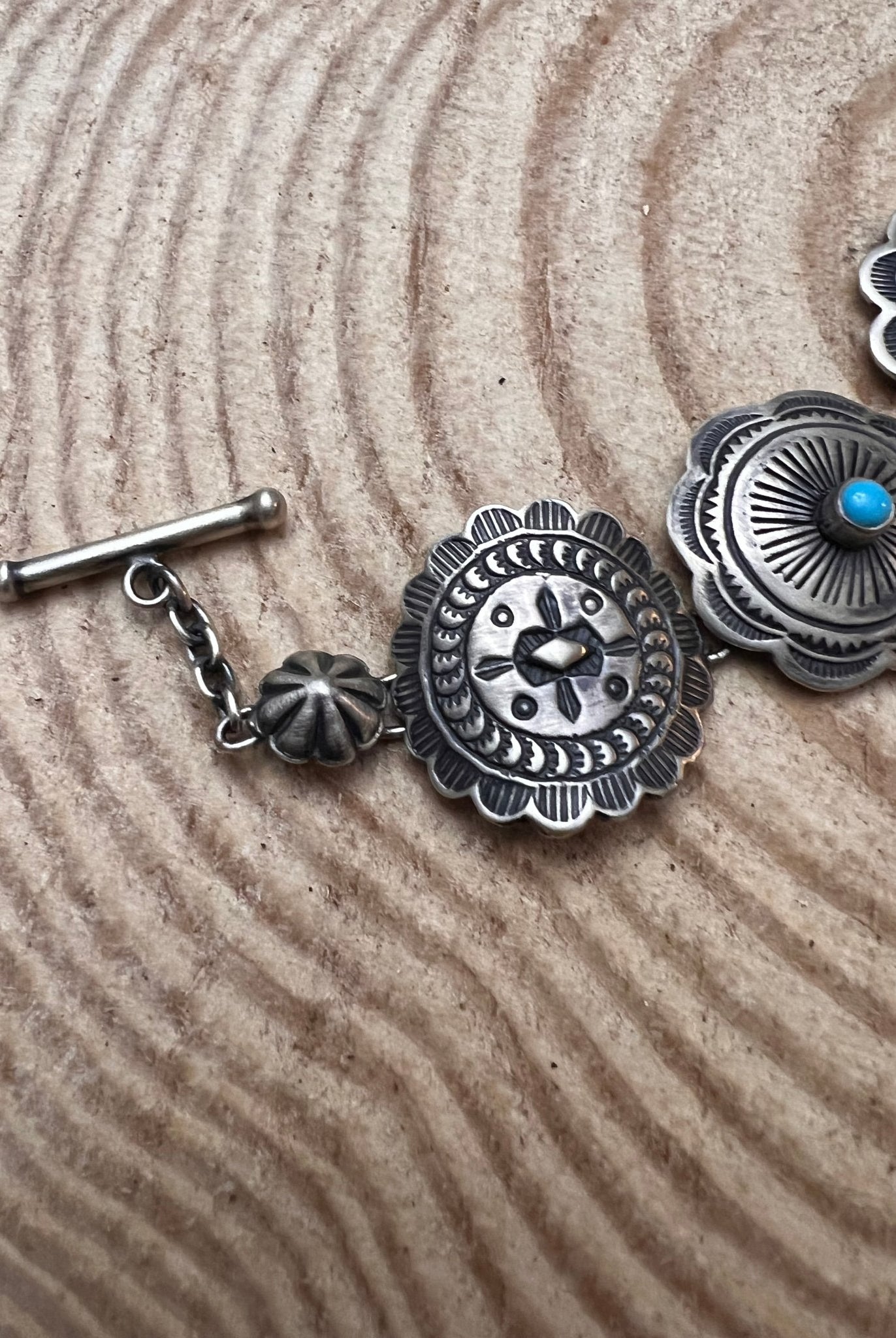 Concho Link Bracelet with Sleeping Beauty Turquoise by Victor Coriz - Cowhide and Conchos