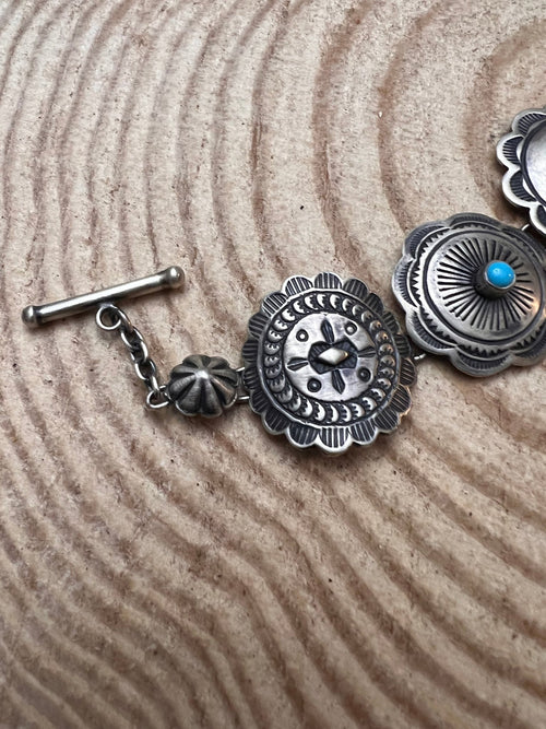 Concho Link Bracelet with Sleeping Beauty Turquoise by Victor Coriz - Cowhide and Conchos